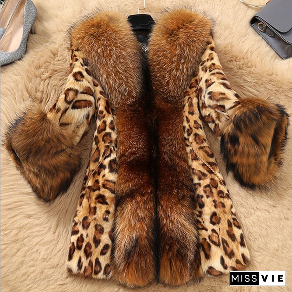 Women Faux Fur Collar Classic Leopard Medium Long Winter Coat Jacket High Quality Large Size S-XXXXXL