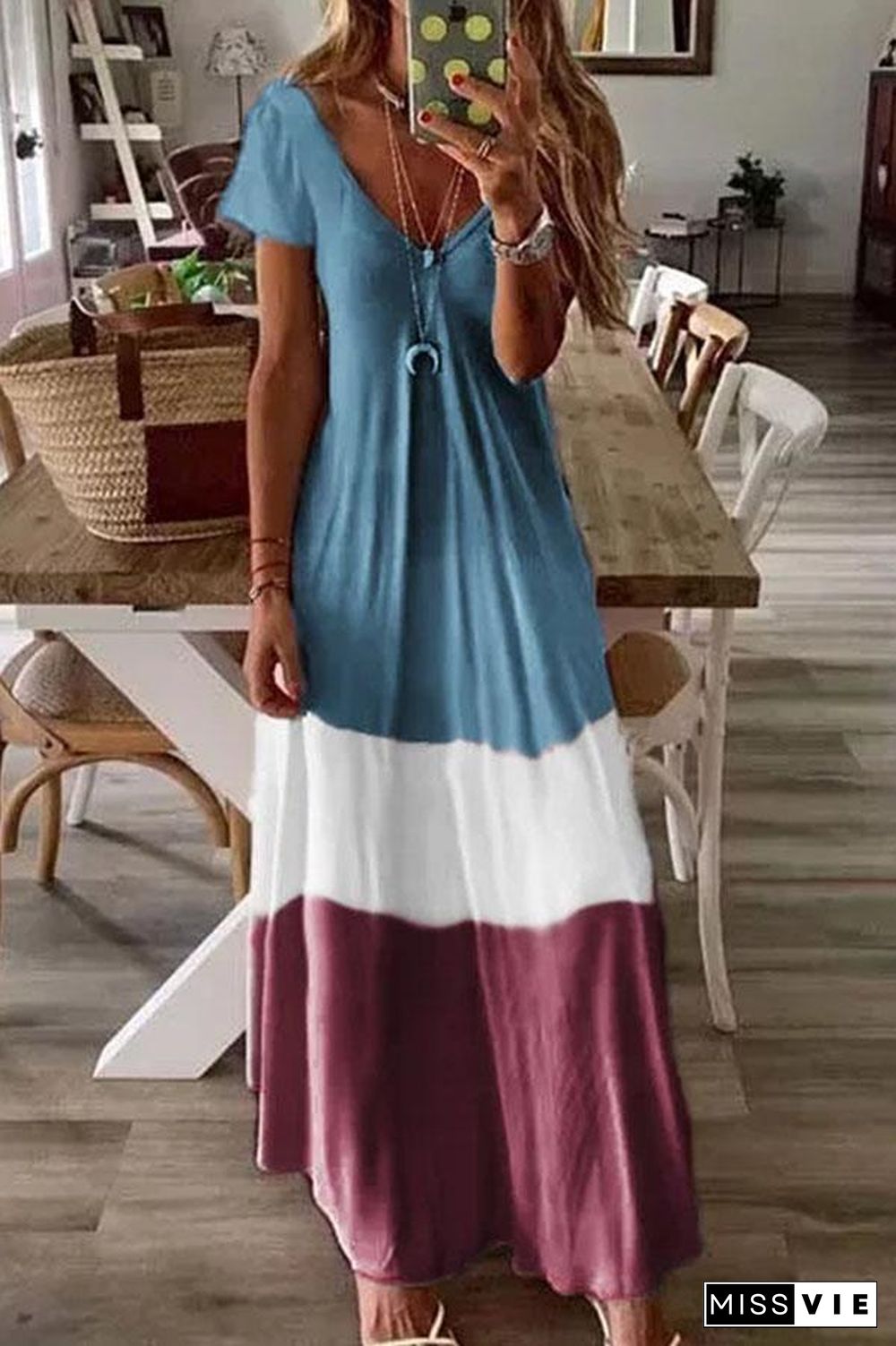 Bohemian Color Block Short Sleeve Long Maxi Dress (2 Colors) P10269