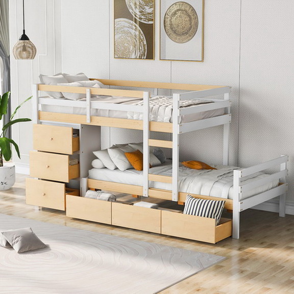 Twin over Twin Loft Bunk Bed with Drawers and Ladd...