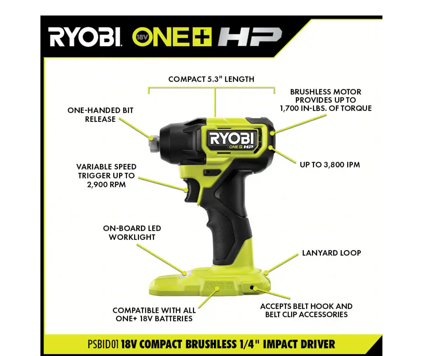 RYOBI PSBID01K-PSBCS02B ONE+ HP 18V Brushless Cordless Compact 1/4 in. Impact Driver and Cut-Off Tool， (2) 1.5 Ah Batteries， Charger， and Bag