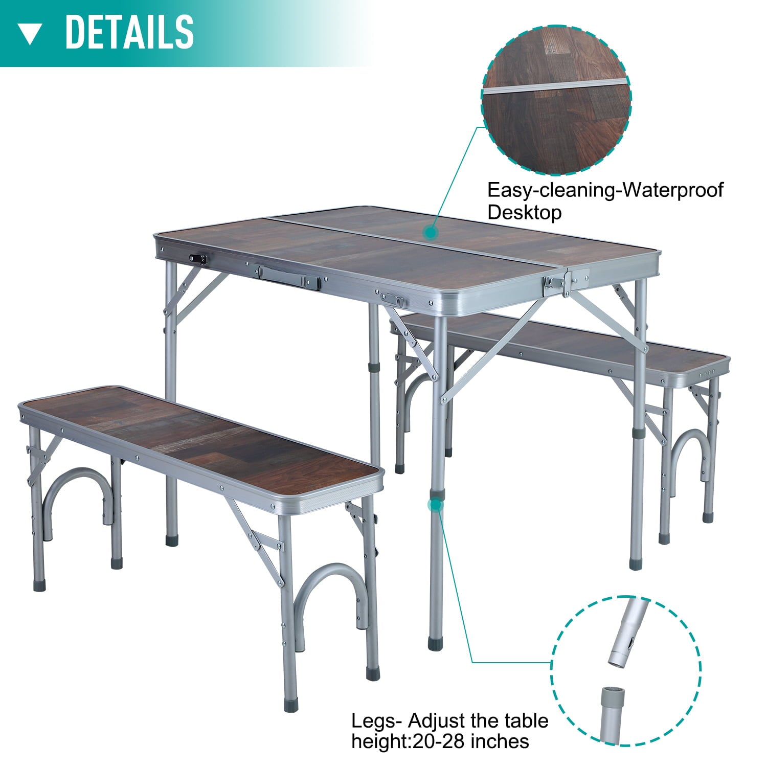 Alpha Camp Outdoor Portable 3-Piece Folding Camping Table Set Aluminum Frame Rectangular Height Adjustable Picnic Table with Chairs， Brown/Silver