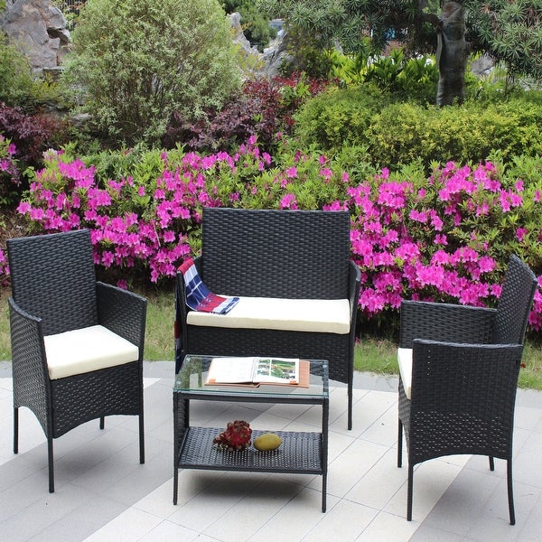 4 Pcs Rattan Patio Furniture Set Outdoor Patio Cushioned Seat Wicker Sofa Conversation Sets - Overstock - 37823590