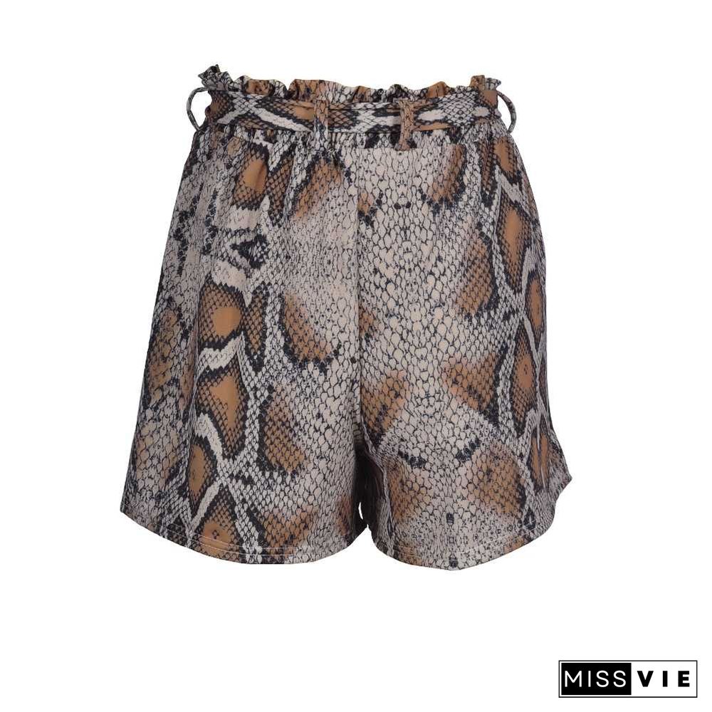 Retro Tie Waist Snake Print High Waisted Paperbag Shorts