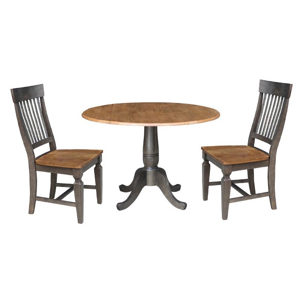 Round Dual Drop Leaf Dining Table With 2 Slat Back Chairs Hickory washed Coal International Concepts