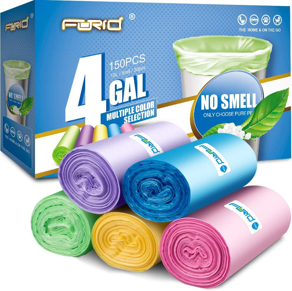 Small Trash Bag, 2.6 Gallon Garbage Bags FORID Bathroom Trash can Liners for Bedroom Home Kitchen 150 Counts 5 Color