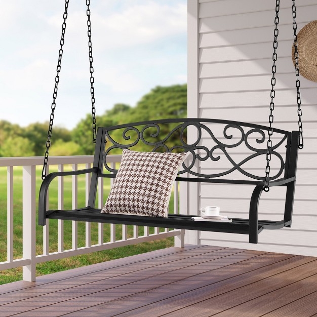 Tangkula Patio Hanging Porch Swing Outdoor 2 person Metal Swing Bench Chair W Chains