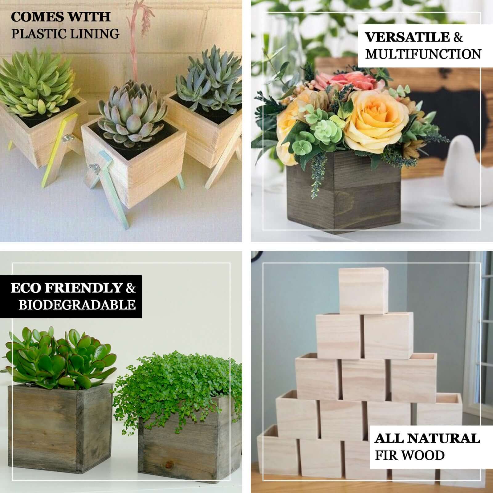 2 Pack Natural Square Wood Planter Box Set With Removable Plastic Liners 5