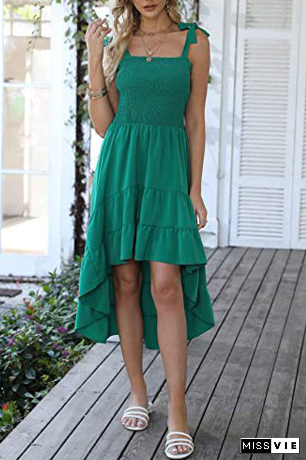 Plain Smocked Irregular Length Ruffles Cami Dress