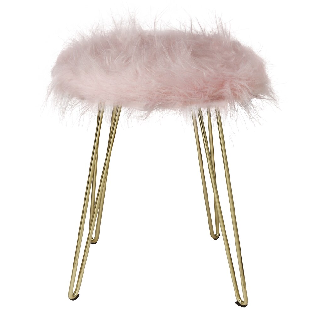 Faux Foot Stool/Vanity Chair with Golden Metal Legs  Small Fuzzy Fluffy Round Ottoman Storage   2 Pack