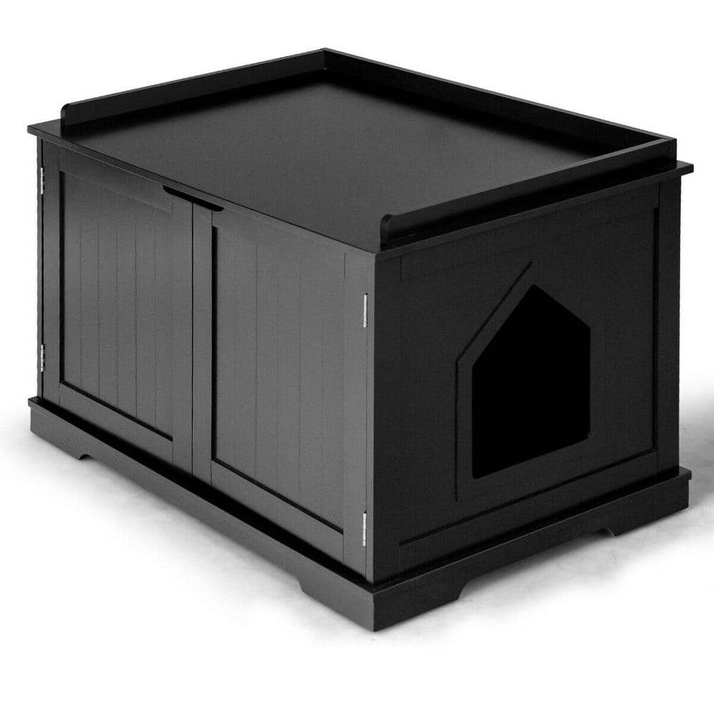 WELLFOR 29.5 in. W x 21 in. D x 20.5 in. H MDF Litter Box Cat Enclosure in Black with Double Doors for Large Cat and Kitty HW-HWY-65619BK