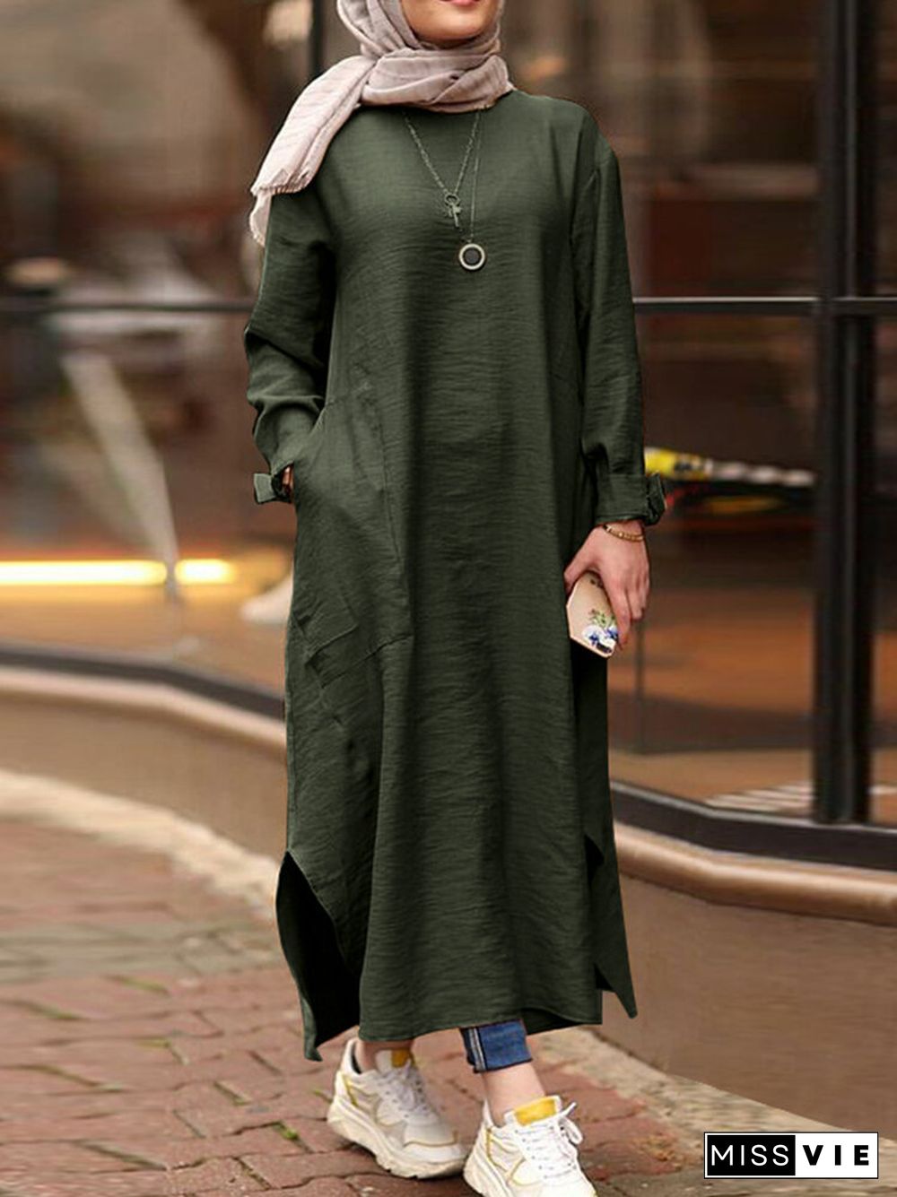 Casual Solid Color Side Split Pockets Long Sleeve Dress