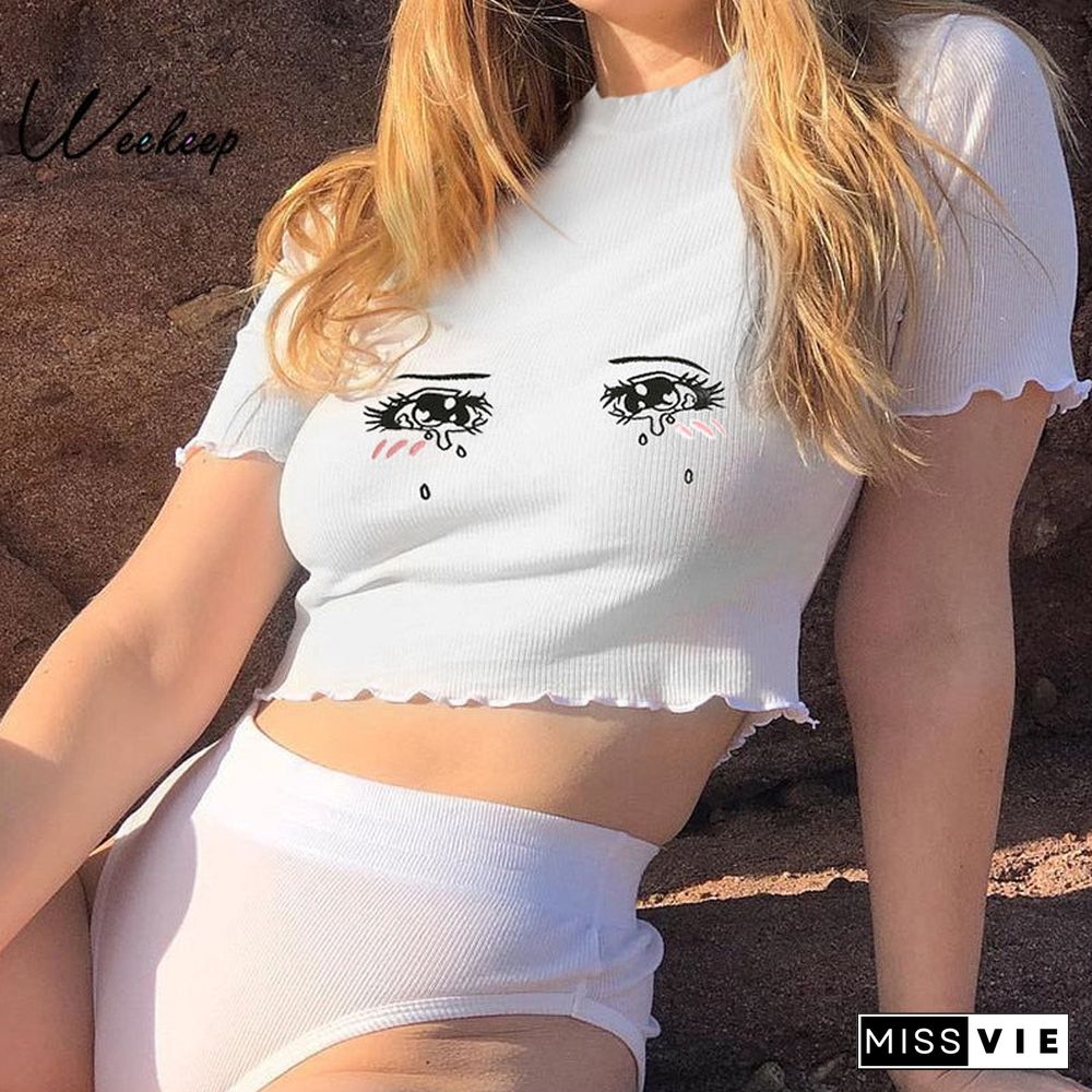 Weekeep Women White Short Sleeve T Shirt Cropped Embroidery O-Neck Knitted T-Shirt Summer Sexy Bodycon Crop Top