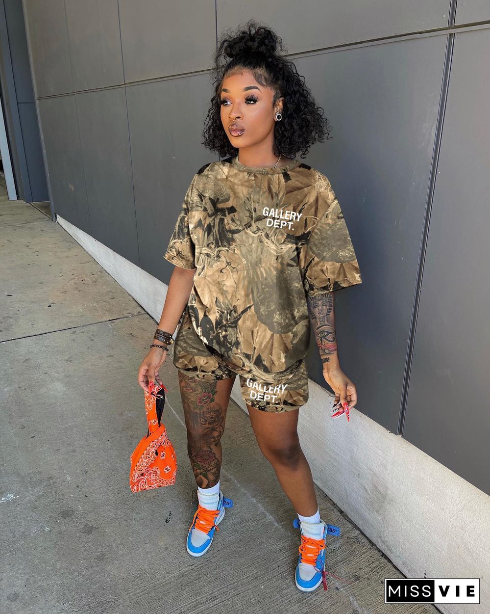 Camo Print Short Sleeve T Shirt Biker Shorts Tracksuits