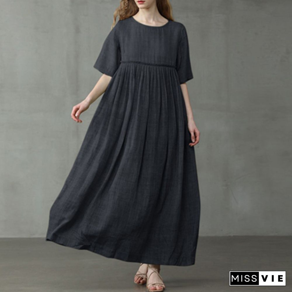 Casual Short Sleeve O Neck Loose Dress Women Summer Solid Color Cotton Linen Big Hem Dress Simple Commuter Ladies Pocket Dresses