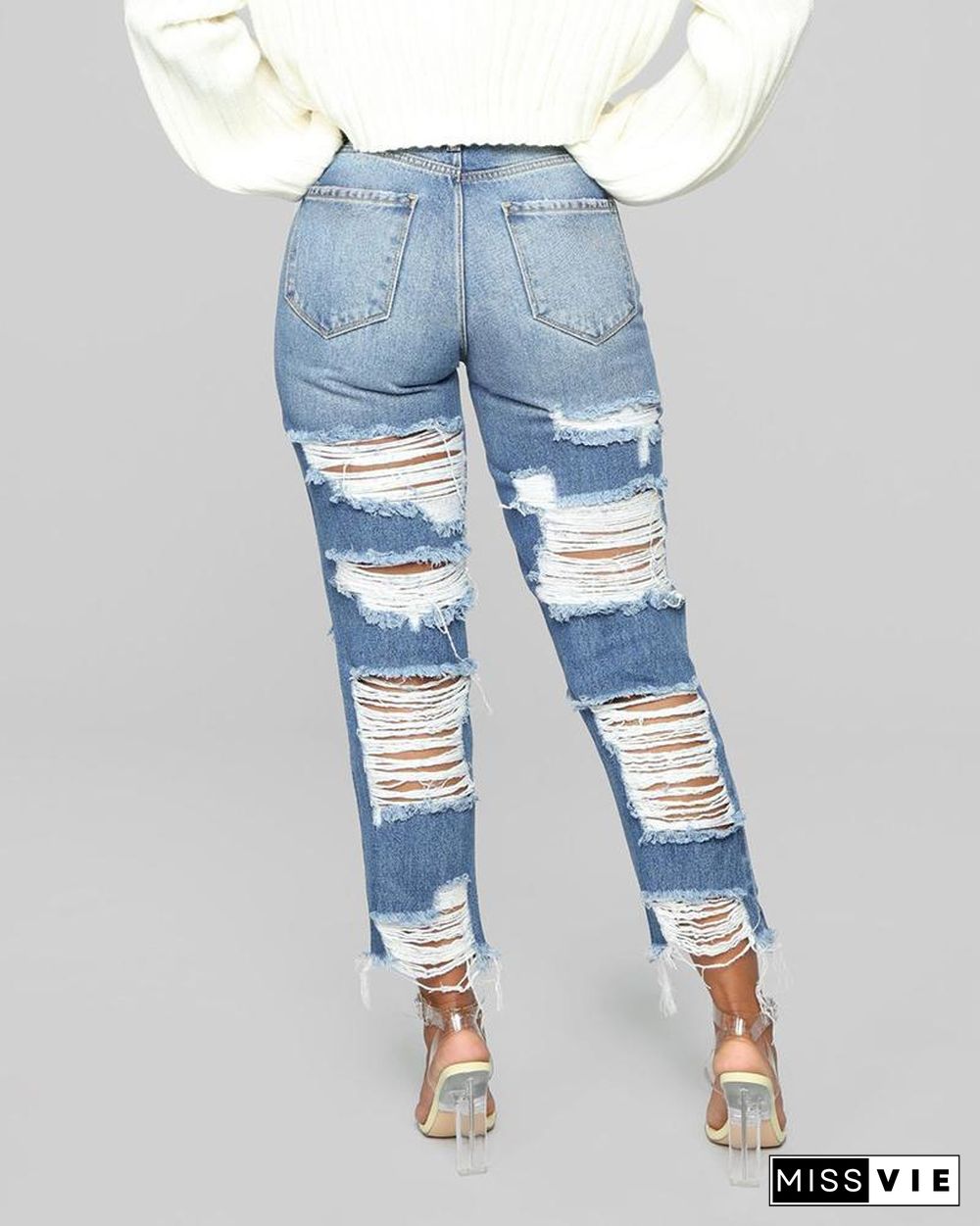 Fringe Hem Ladder Cutout High Waist Jeans P12078