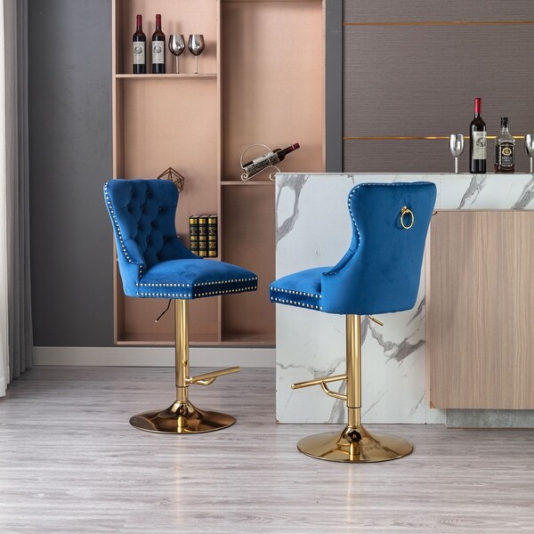 Modern Adjustable Counter Height Bar Stools， Velvet Upholstered Stool with Tufted High Back and Ring Pull for Kitchen， Set of 2