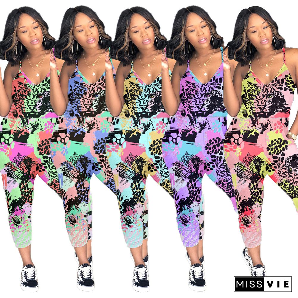 Colorful Elements Printed Loose Suspenders Jumpsuit