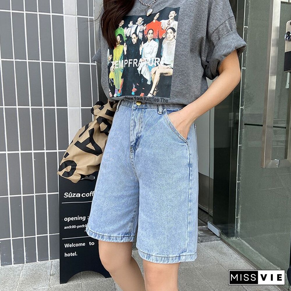 New Summer Women High Waist Wide Leg Black Denim Shorts Casual Female Loose Straight Button Jeans Bermuda Shorts