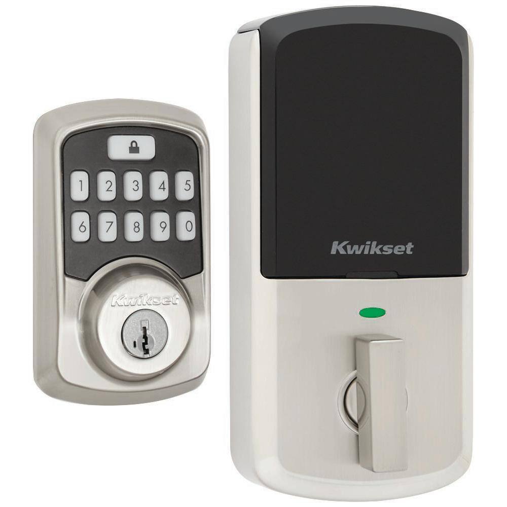 Kwikset Aura Satin Nickel Single Cylinder Electronic Bluetooth Keypad Smart Lock Deadbolt featuring SmartKey Security 99420-001