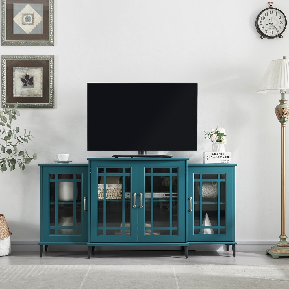 Teal Blue Console Table Buffet Cabinet with Door and Shelves