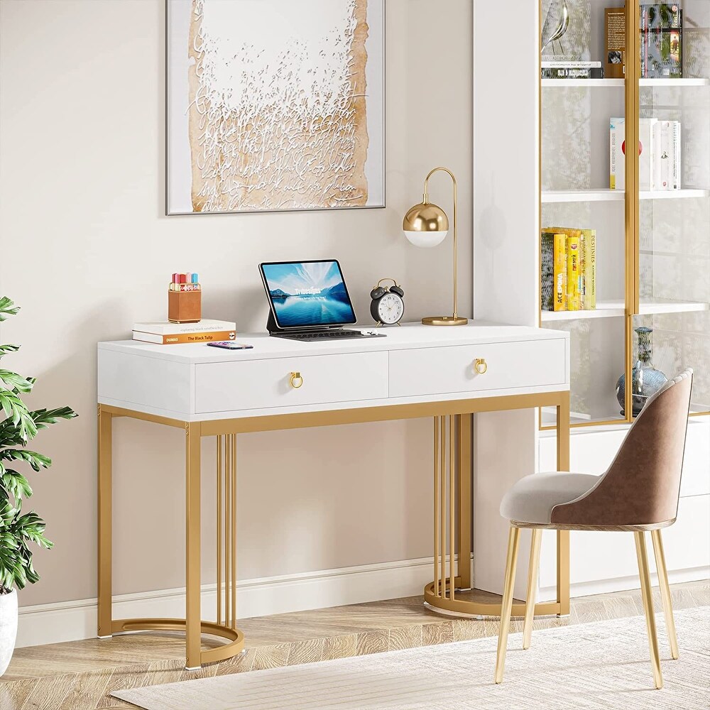 Computer desk Writing Desk with 2 Drawers  47 inch White and Gold Desk  Modern Simple Study Table  Gold Makeup Vanity Desk