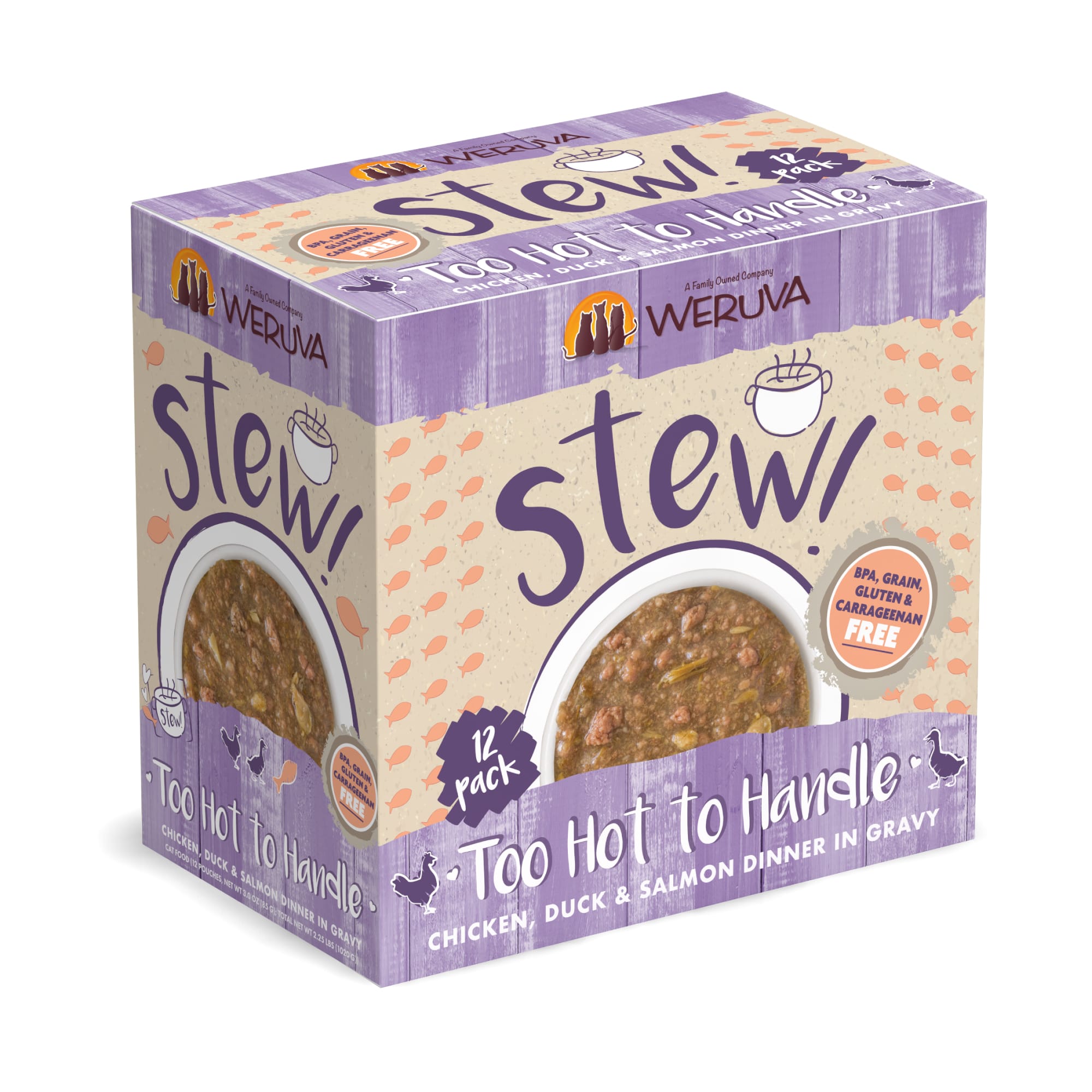 Weruva Stew! Too Hot to Handle Chicken， Duck and Salmon Dinner in Gravy Wet Cat Food， 3 oz.， Case of 12