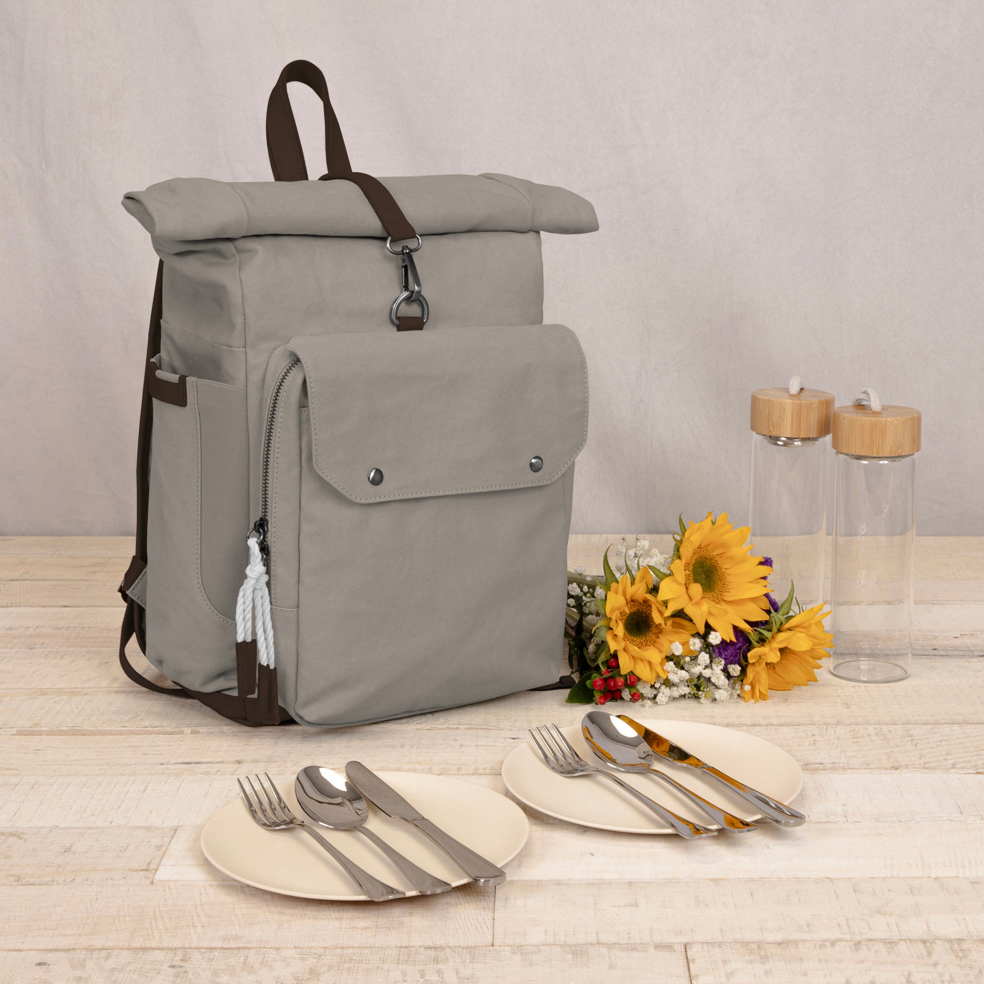 Carmel Roll Top Picnic Backpack Cooler with Utensil Set & Glass Water Bottles