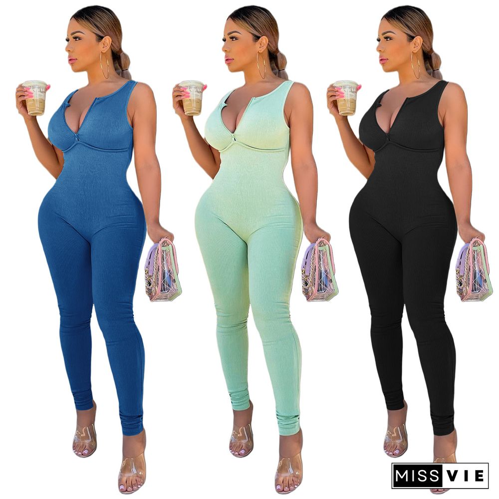 Tank Top Thread Casual Solid Color Jumpsuit