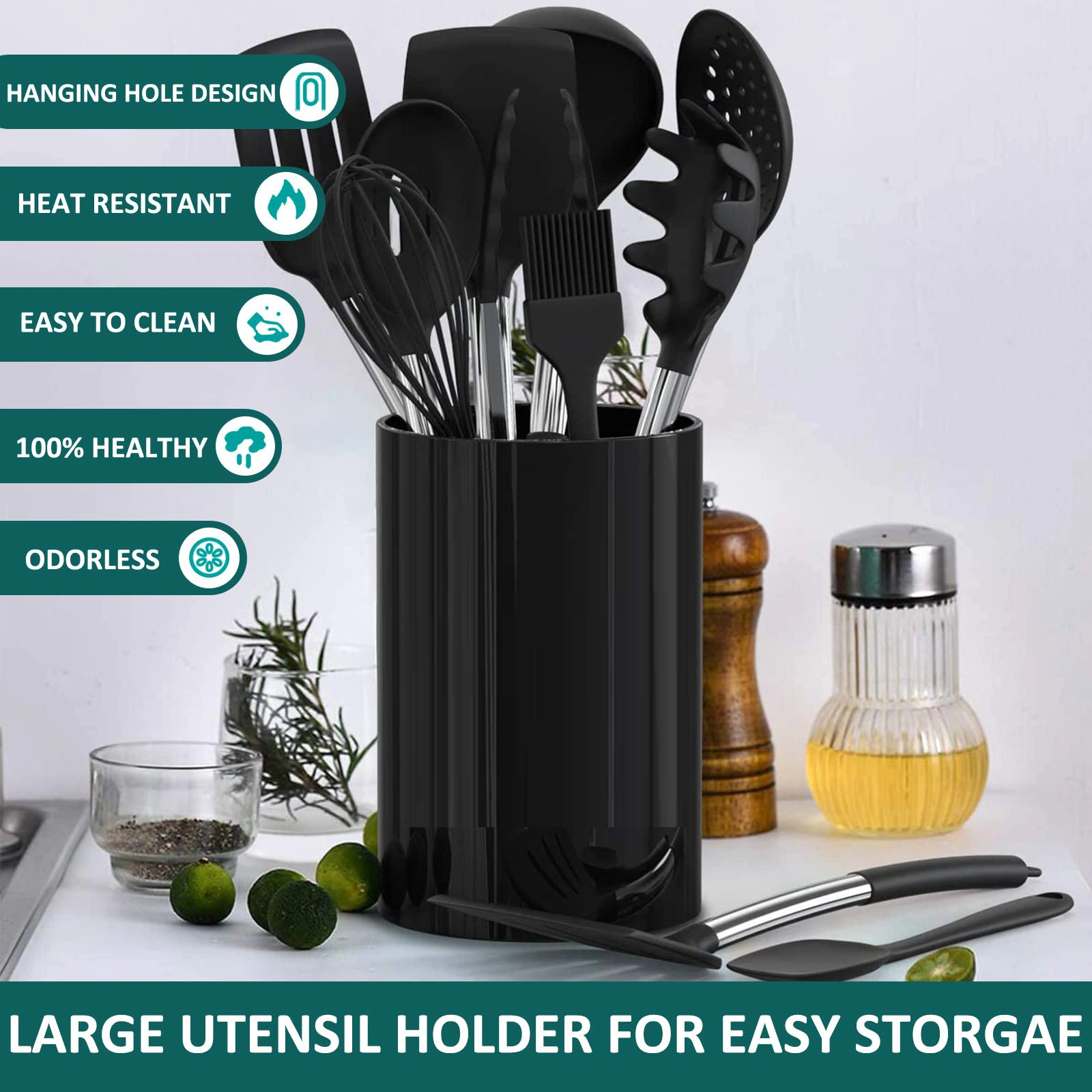 15Pcs Silicone Cooking Kitchen Utensils Set - Black