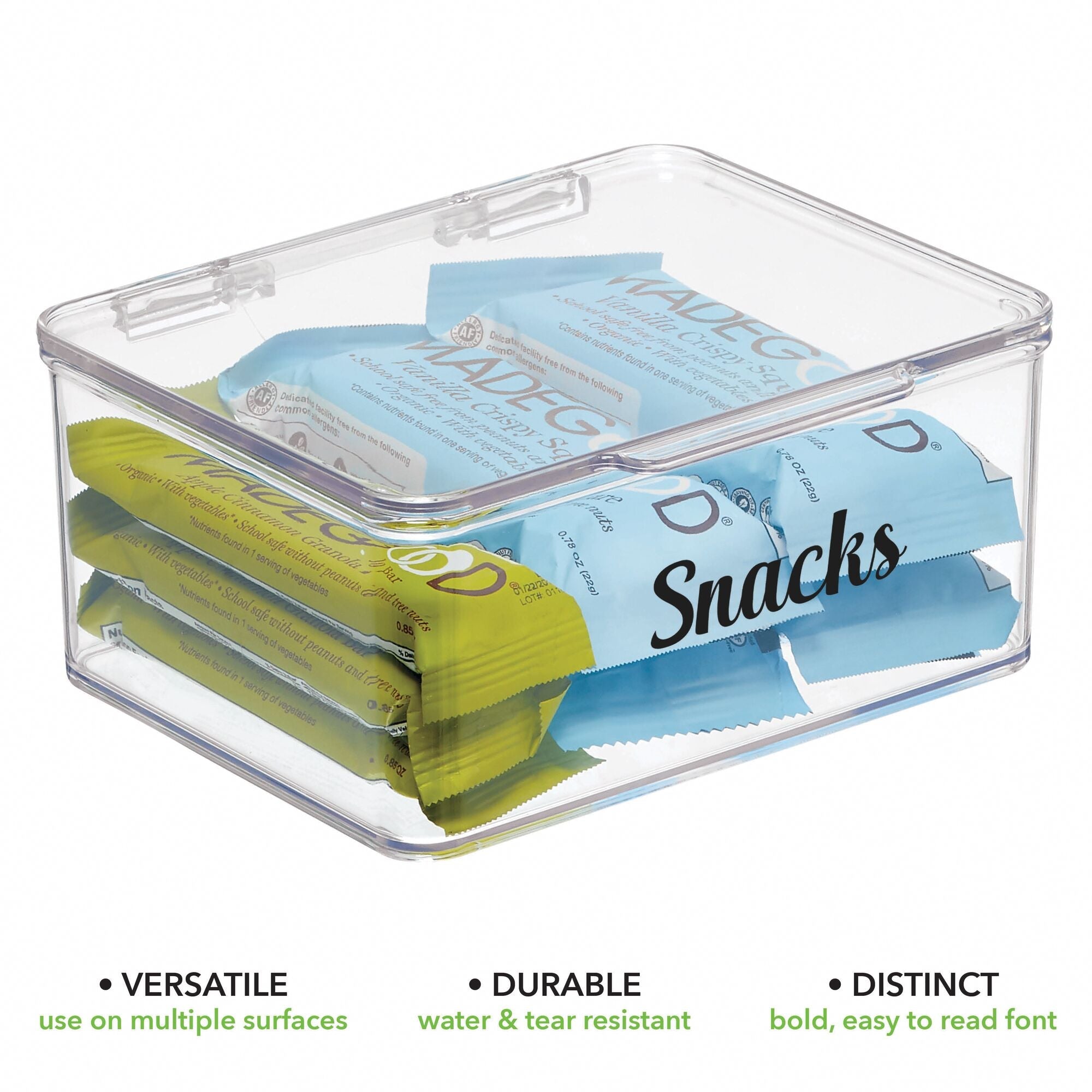 mDesign Plastic Stackable Kitchen Pantry Cabinet/Refrigerator Food Storage Container Box, Attached Lid - Organizer for Coffee, Tea, Packets, Snack Bars - Pack of 4, Includes 32 Labels - Clear