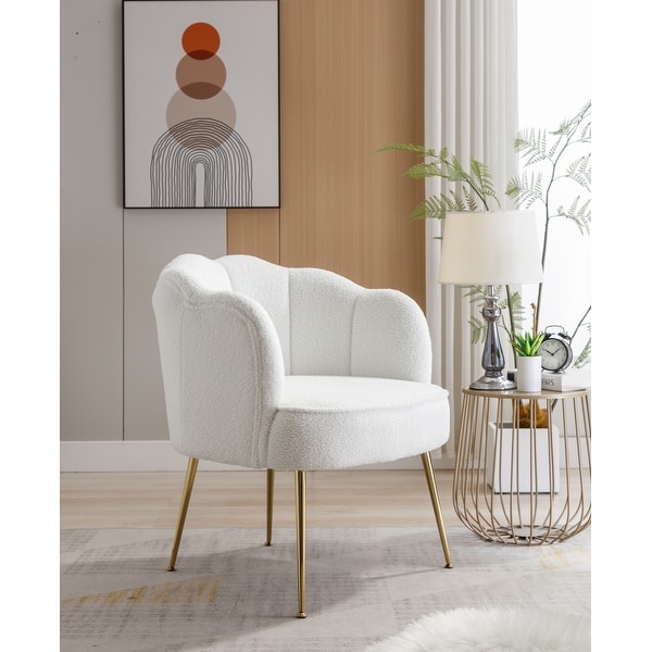 Shell Shape Teddy Fabric Armchair Accent Chair with Gold Legs for Living Room Bedroom， Unique Design Single Sofa Chair