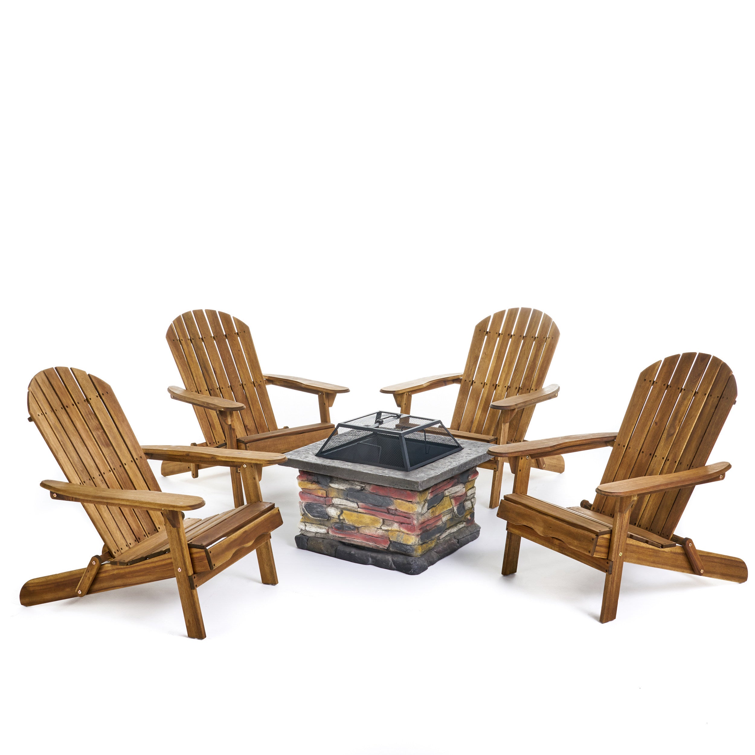 Benson Outdoor 5 Piece Acacia Wood/ Light Weight Concrete Adirondack Chair Set with Fire Pit