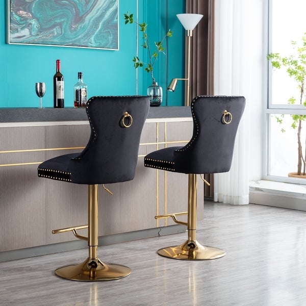 Modern Swivel Bar Stools Set of 2 Adjustable Counter Height with Velvet Upholstered Stool with High Back and Ring Pull