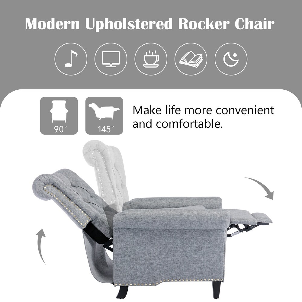 Pushback Linen Tufted Recliner Single Sofa with Nailheads Roll Arm  Adjustable Recliner for Living Room  Bedroom  Office