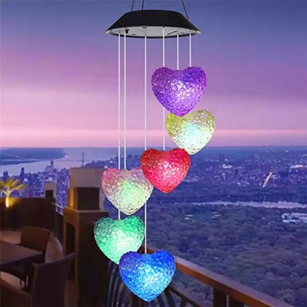 Cocobaby Color-changing LED Solar Powered Pink Heart Wind Chime Light Yard Garden Decor-Pink