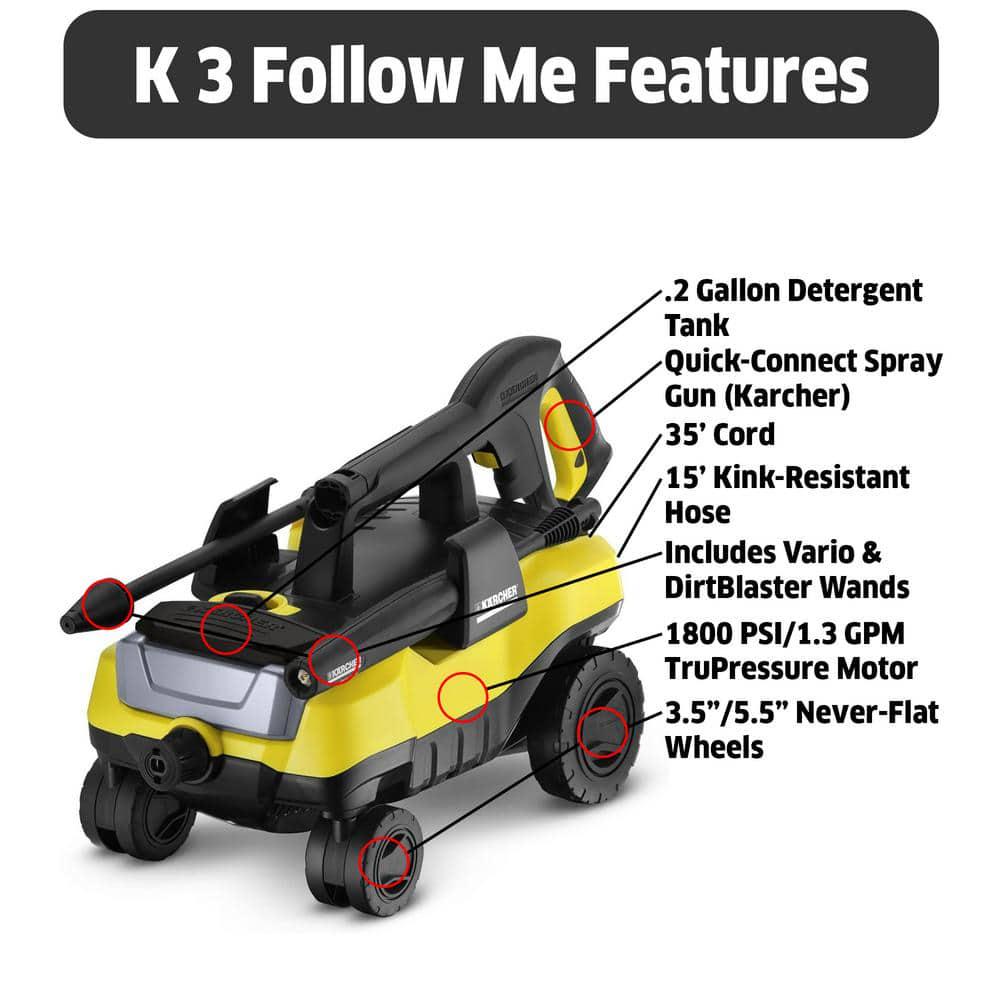 Karcher 1800 PSI 130 GPM K 3 Follow Me Portable Electric Power Pressure Washer on Wheels with Vario and Dirtblaster Spray Wands