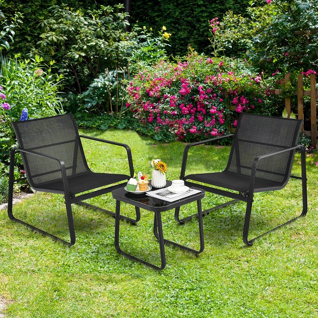 Costway 3pcs Patio Bistro Furniture Set Glass Top Table Garden Deck Black