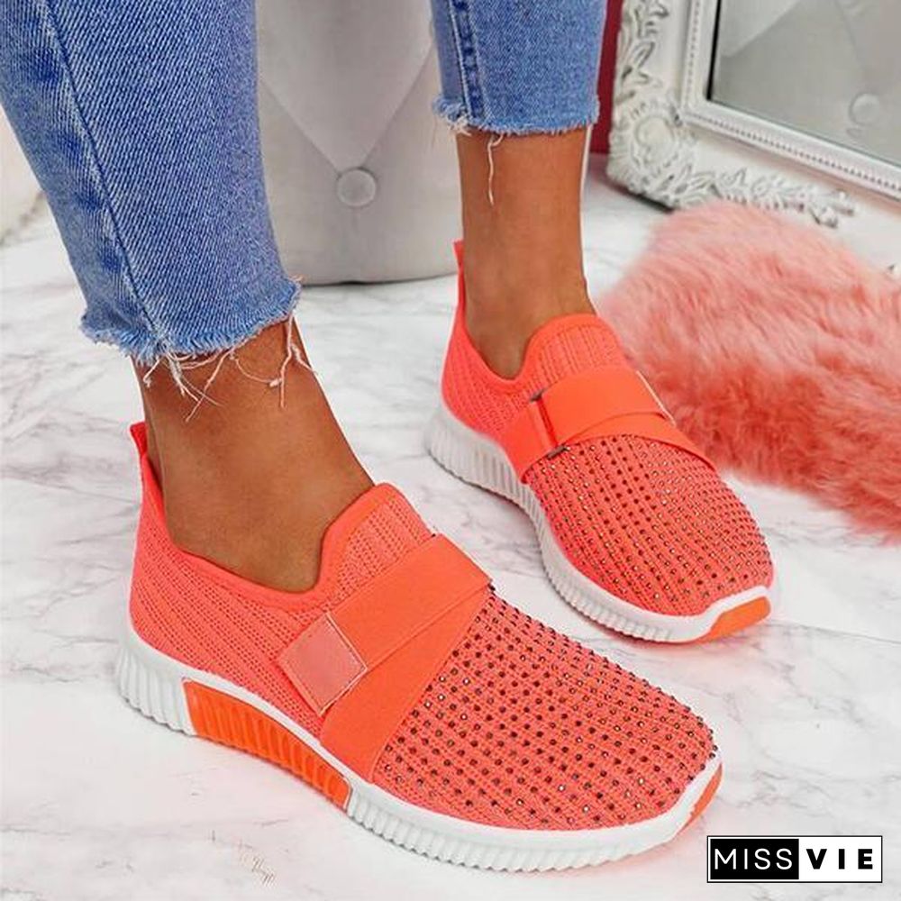 Women Fashion Bling Rhinestones Flyknit Fabric Slip On Breathable Platform Sneakers