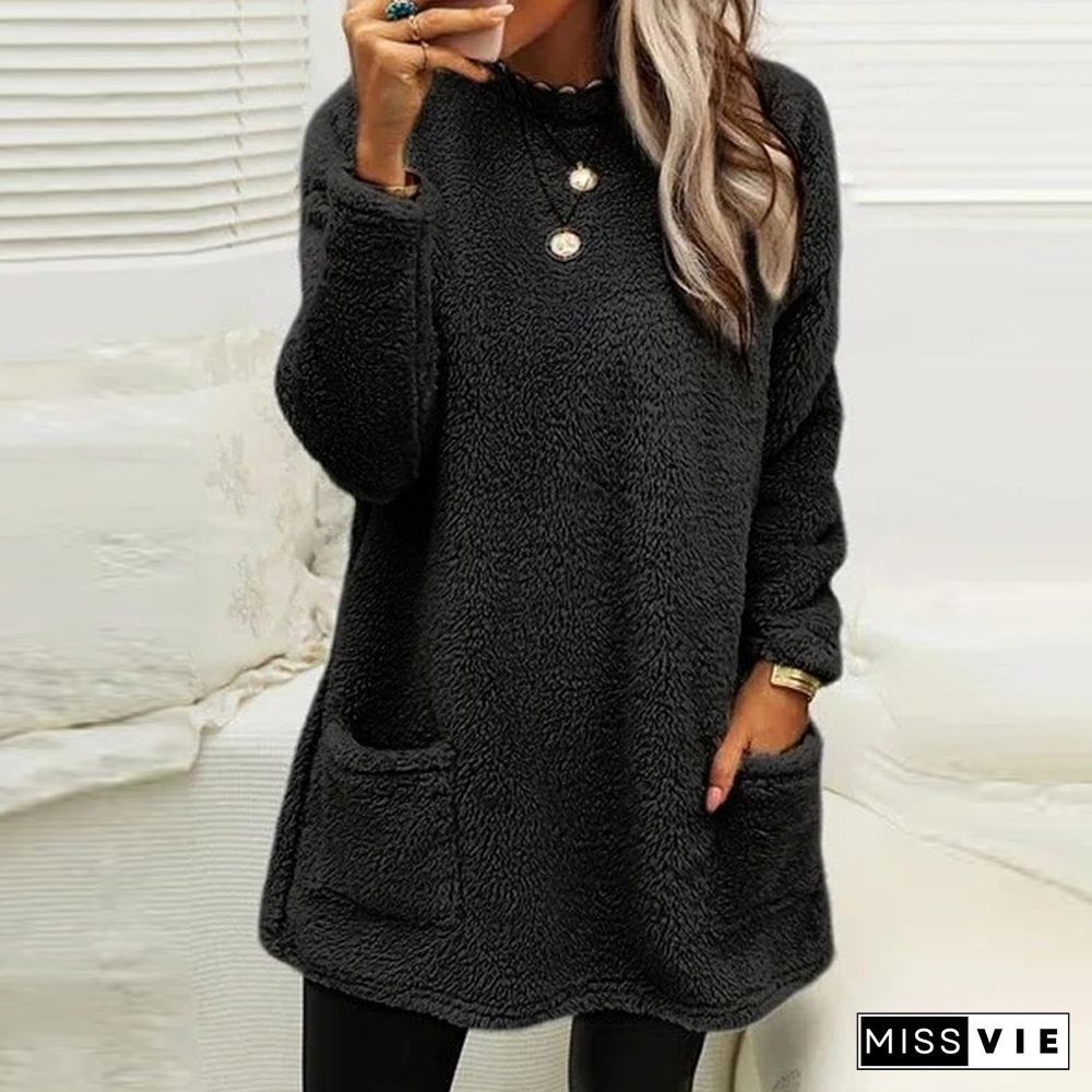 Fall Winter Fashion Fleece Top Women Casual Long Sleeve Loose Homewear Tee Elegant O Neck Warm Solid Color Pullover Blouse