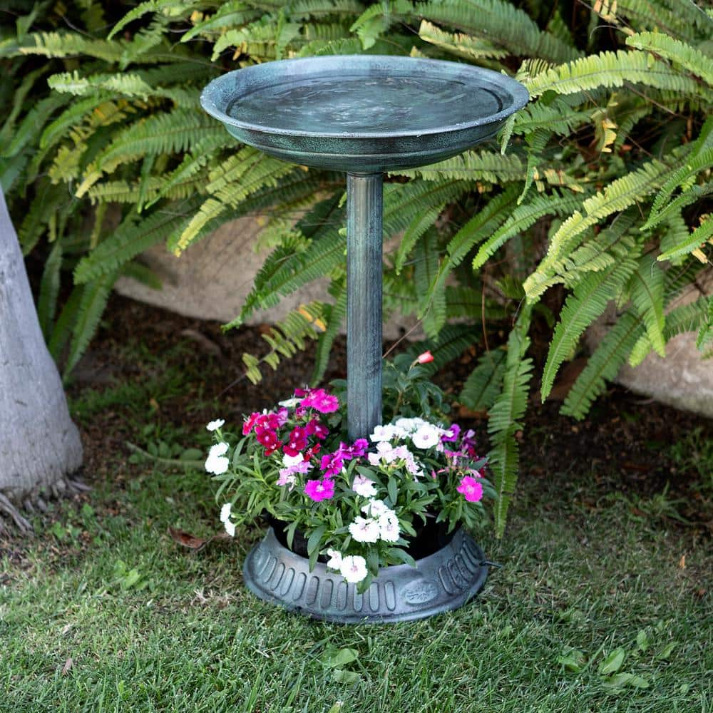 Alpine Corporation 25 in. Tall Outdoor Birdbath with Planter Yard Statue， Green TIZ112