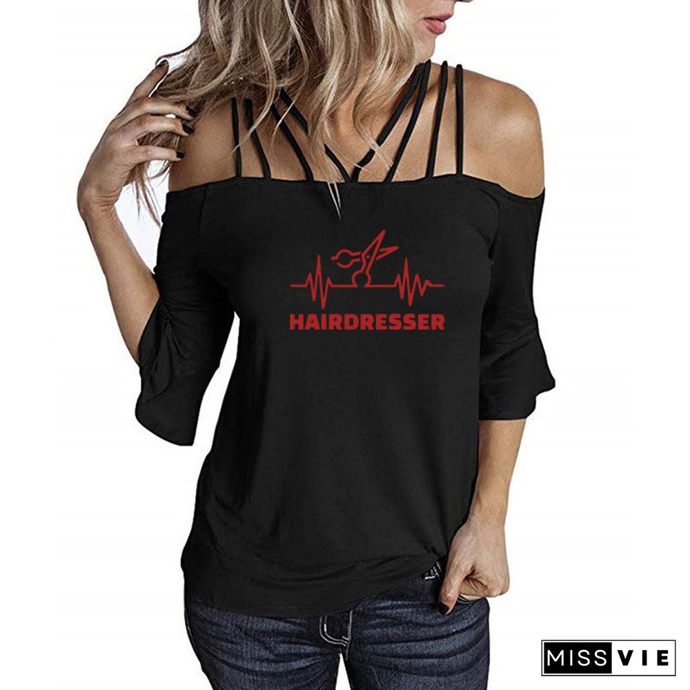 New Fashion Summer Heartbeat Hairdresser T Shirt Women Casual Cotton Short Sleeve GirlsShoulderSling Tee Tops