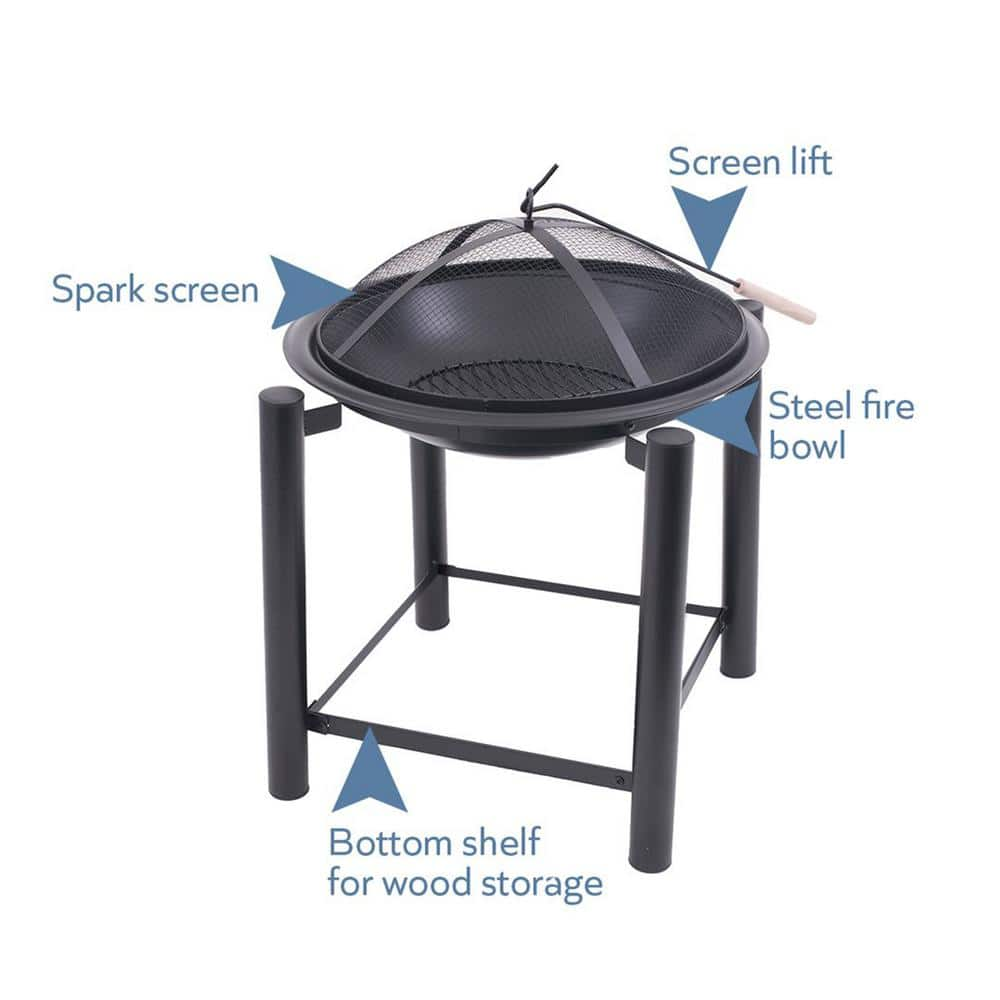 BLUE SKY OUTDOOR LIVING 21.5 in. Round Steel Wood Fire Pit On Raised 4-Post Platform with Screen, Screen Lift, And Log Grate WBFP21RB