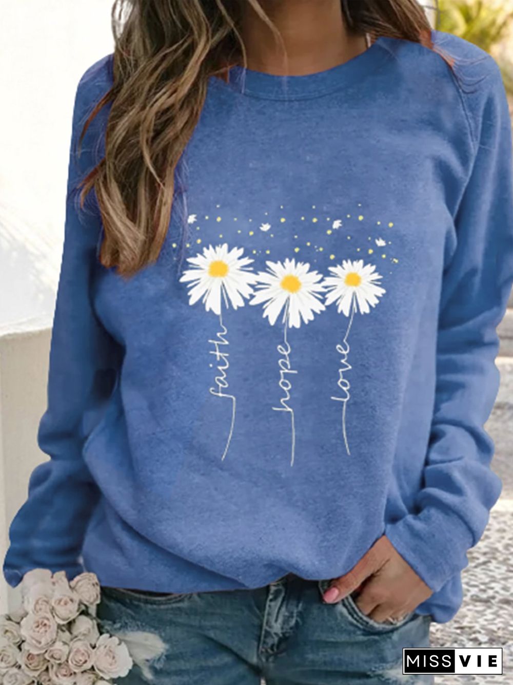 Women Casual Floral Autumn Micro-Elasticity Loose Jersey Standard Crew Neck Regular Sweatshirts