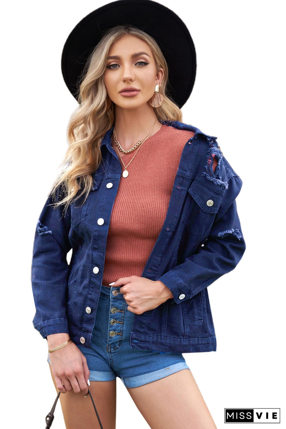 Blue Distressed Buttons Chest Pockets Denim Jacket