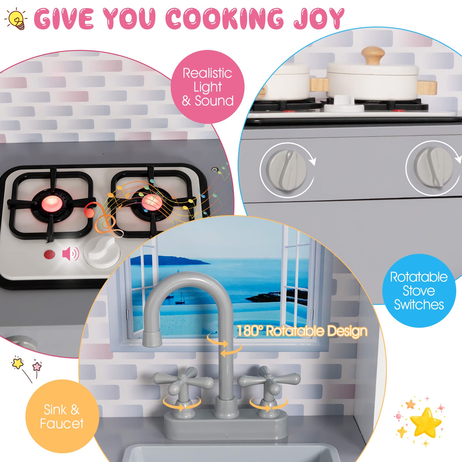 Costzon 2 in 1 Kids Kitchen Playset and Dollhouse, Wooden Double-Sided Pretend Chef Play Set