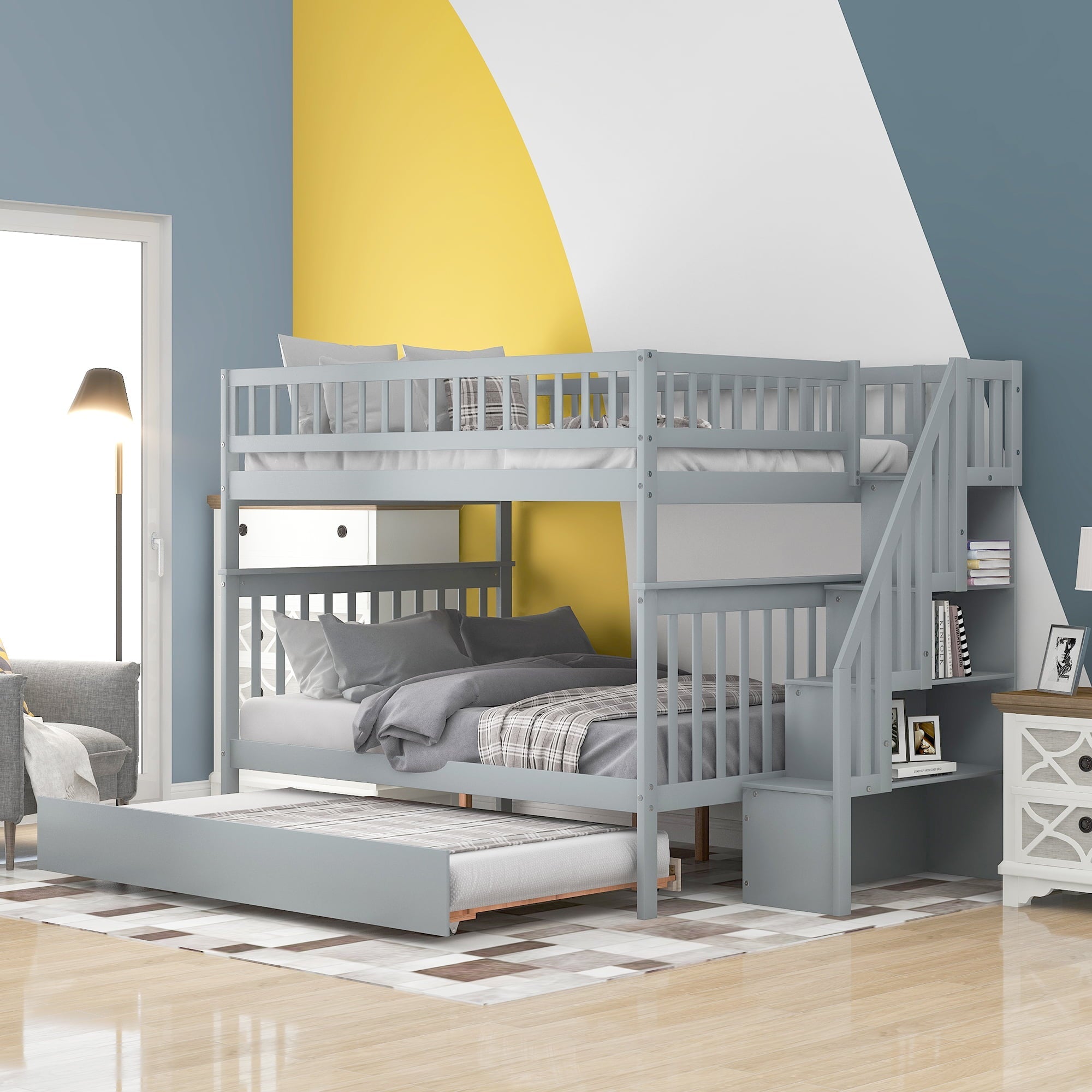 Euroco Full over Full Bunk Bed with Trundle and Storage Shelves for Kids, Gray