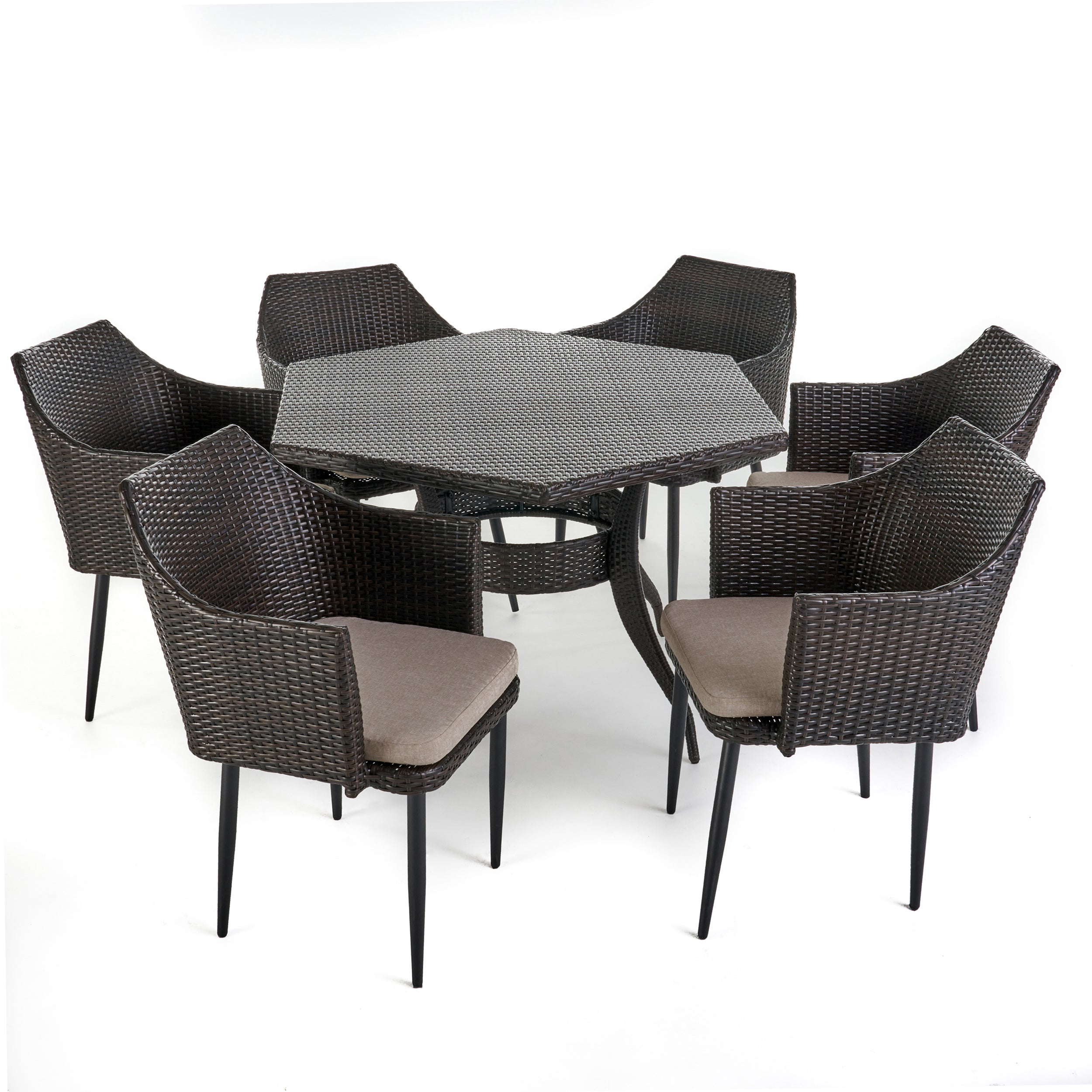 Andre Outdoor 7 Piece Wicker Hexagon Dining Set with Water Resistant Cushions