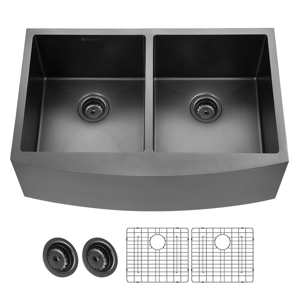 Glacier Bay Gunmetal Black Stainless Steel 33 in. 18-Gauge Double Bowl Farmhouse Kitchen Sink ACS3321A2Q