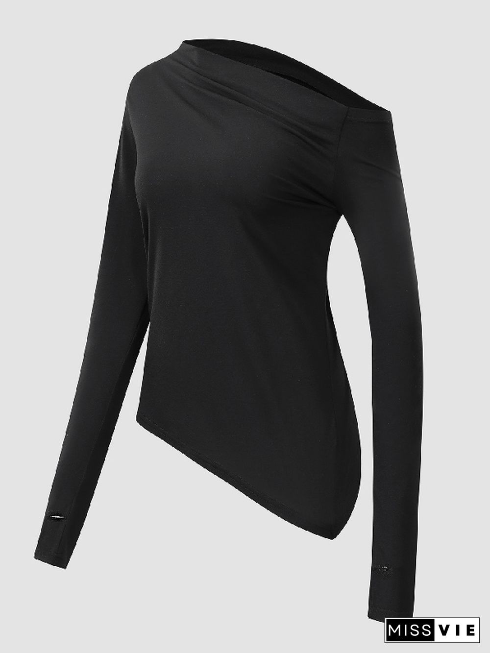 Stylish Solid Color One-Shoulder Long Sleeves T-Shirt Top