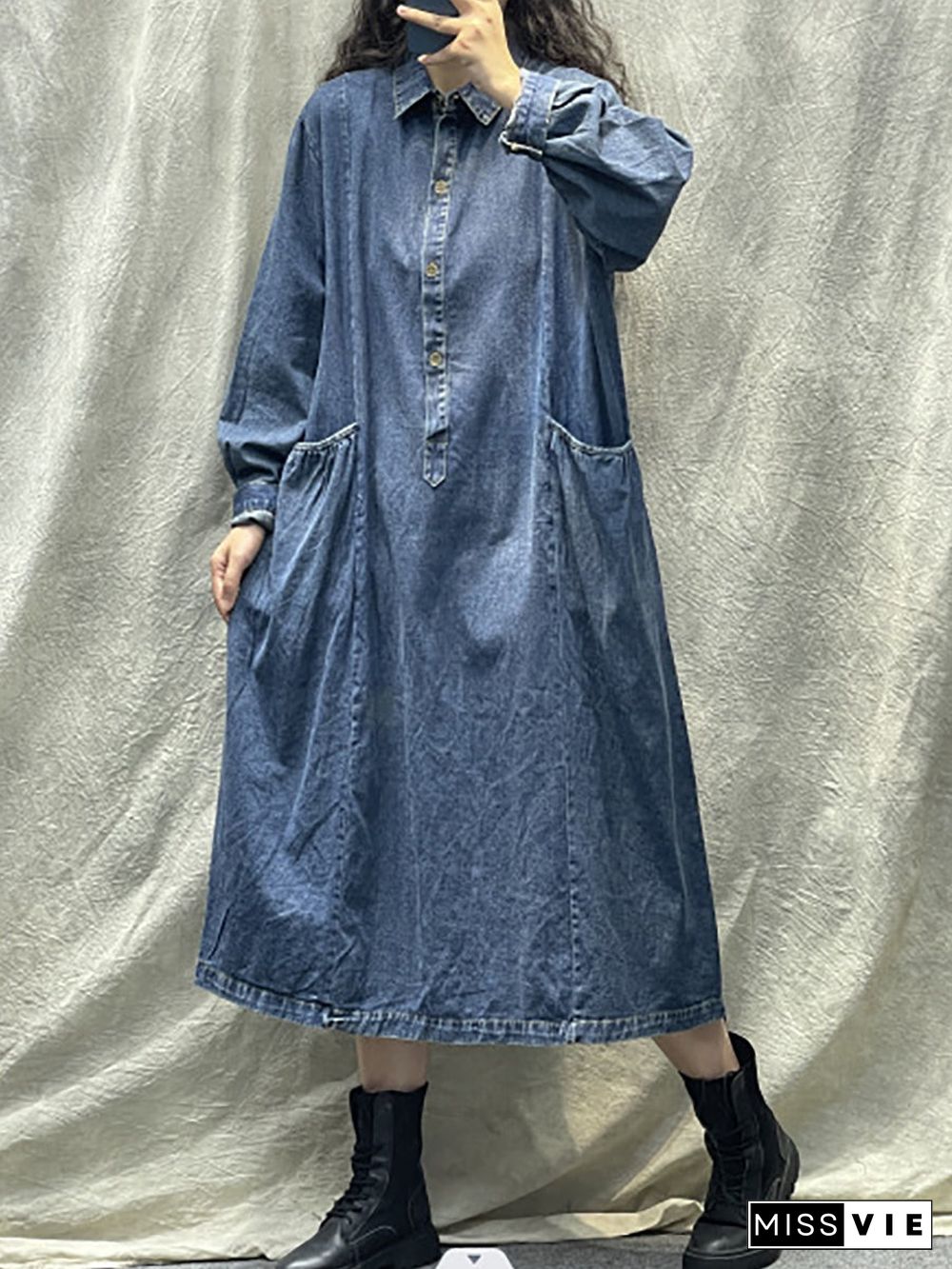 Plus Size Women Spring Retro Pocket Button Loose Denim Dress